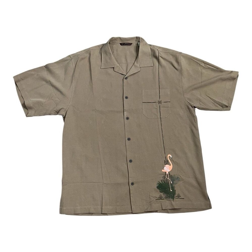 Tommy Bahama Brown Shirt Mens Large Silk Camp FLAMINGO LANES Bowling Hawaiian